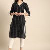 anayna Women Woven Design Striped Straight Kurta - Image 3