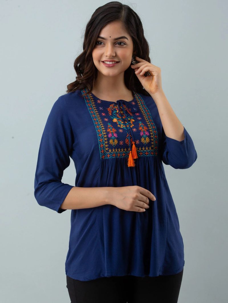 blue embroidered tie-up neck regular tunic