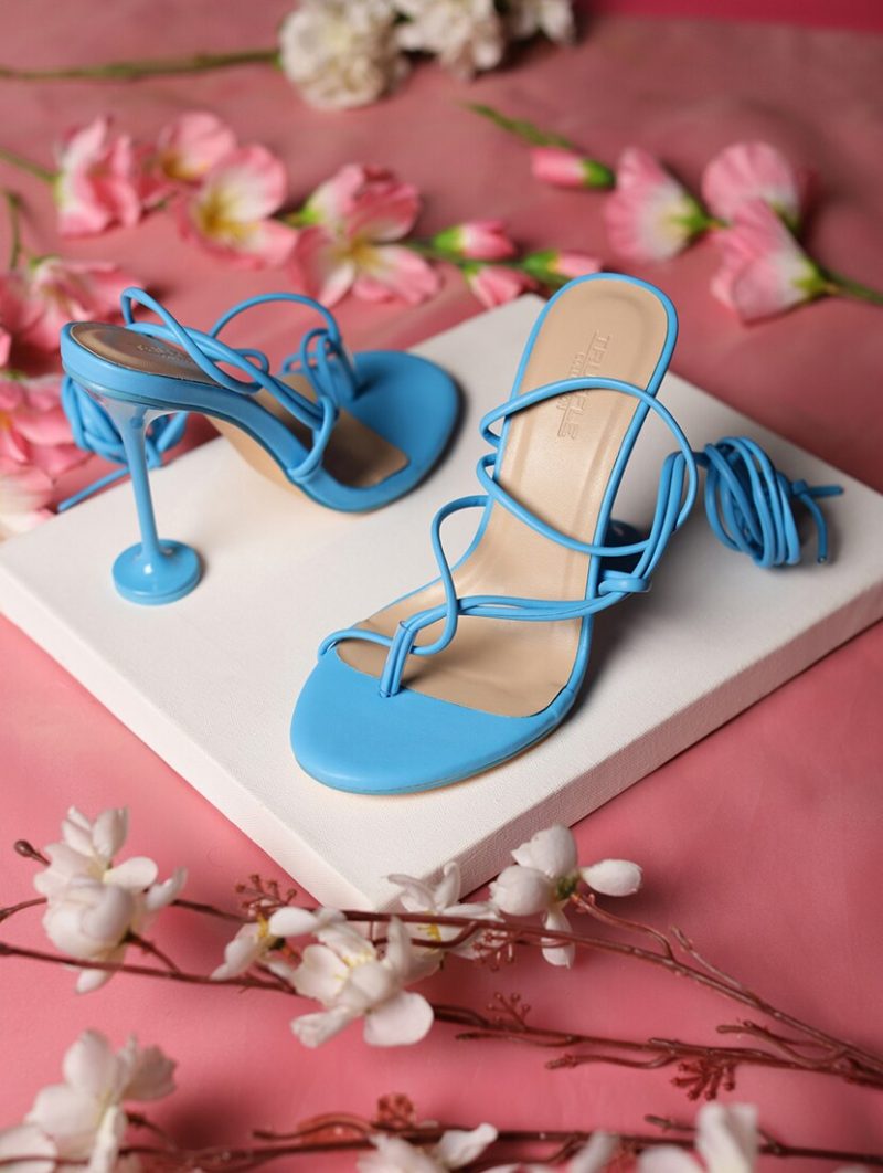 blue lace-up stiletto sandals
