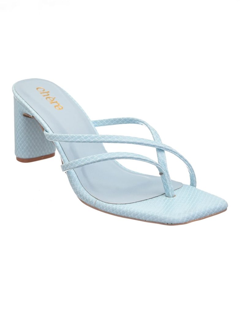 blue textured slip on block heel