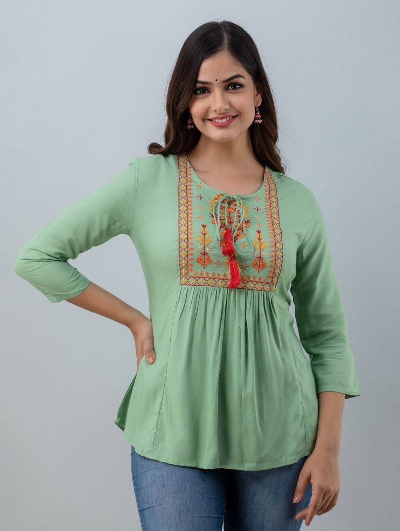 green embroidered tie-up neck regular tunic
