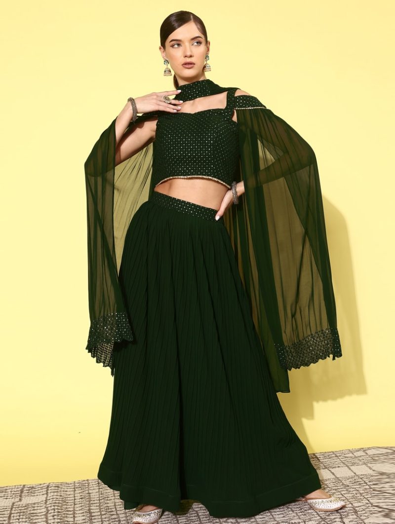 green solid flared lehenga with sequined blouse