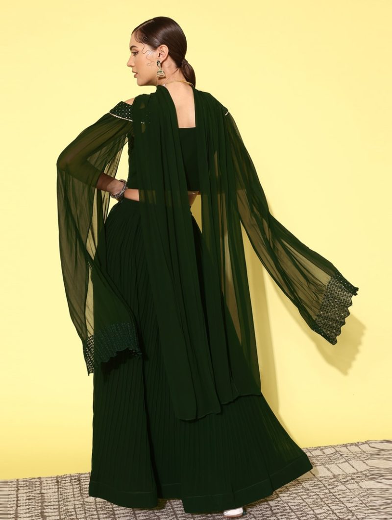 green solid flared lehenga with sequined blouse - Image 2