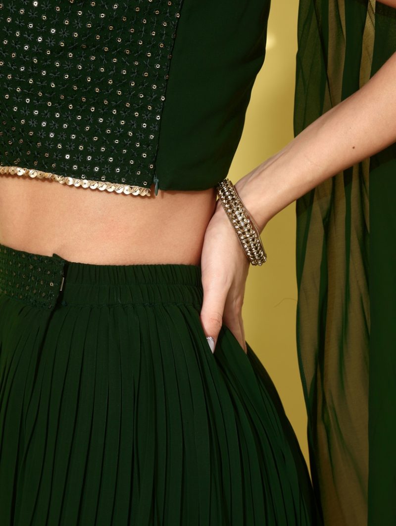 green solid flared lehenga with sequined blouse - Image 3