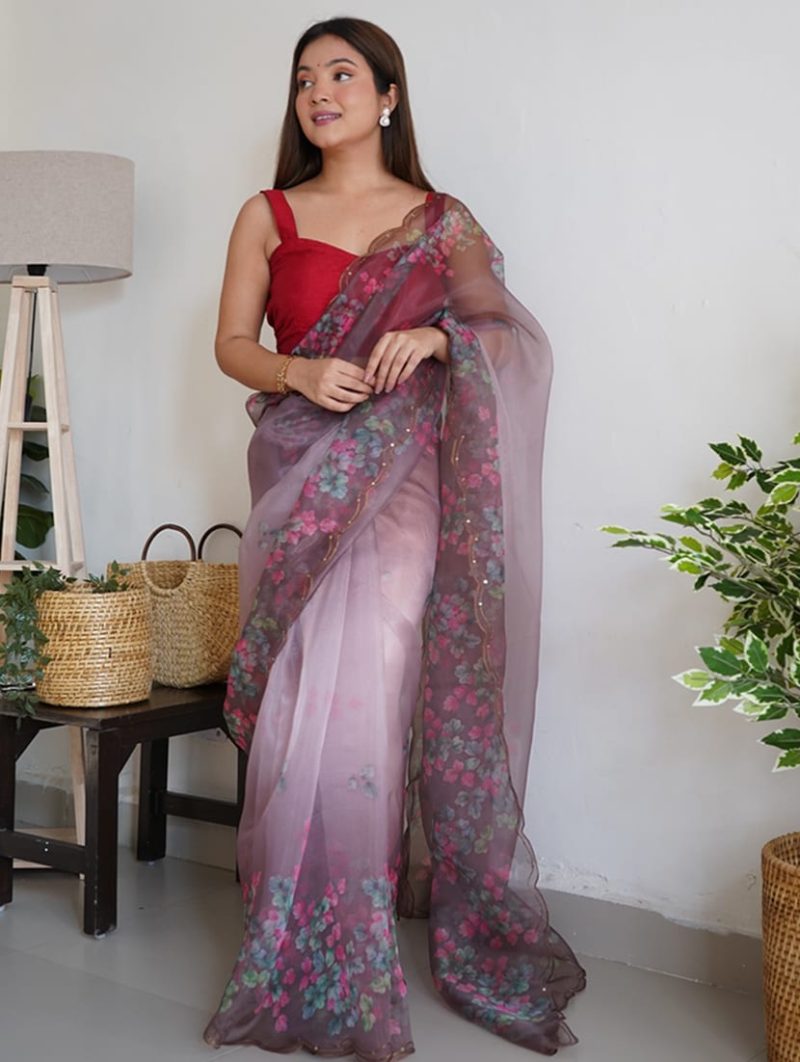 mauve organza embroidered saree - Image 2