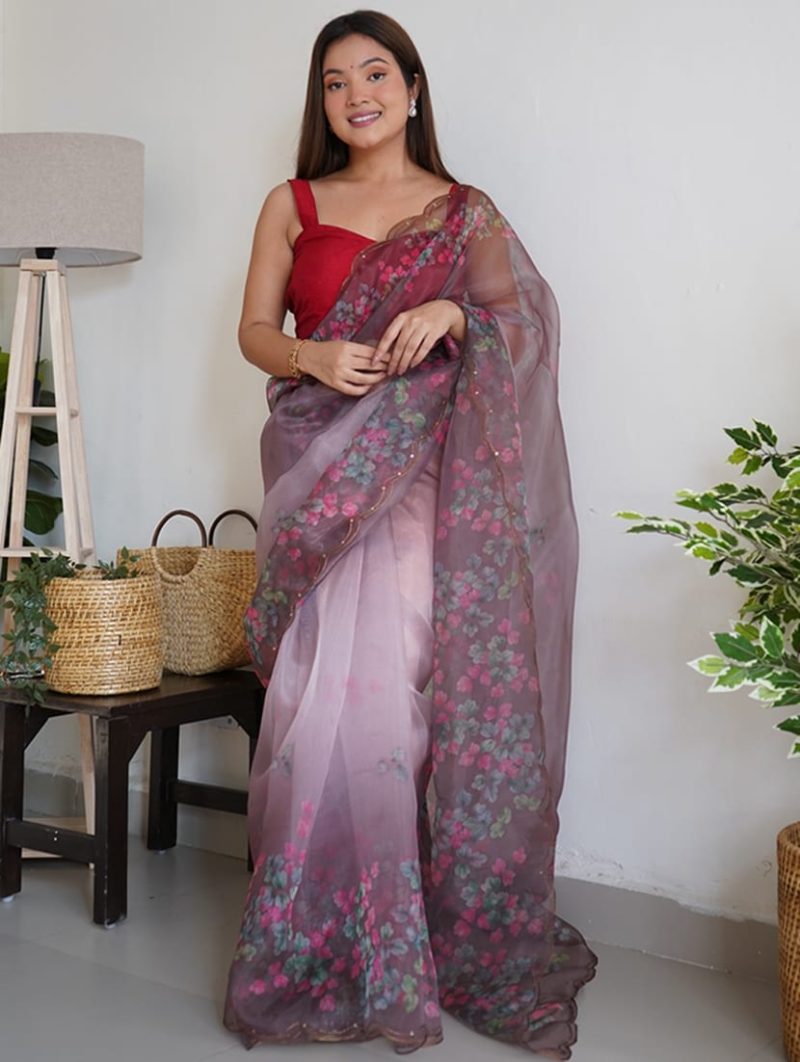 mauve organza embroidered saree