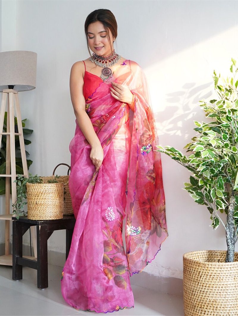 pink organza embroidered saree