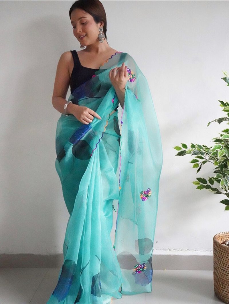 turquoise embroidered saree - Image 3