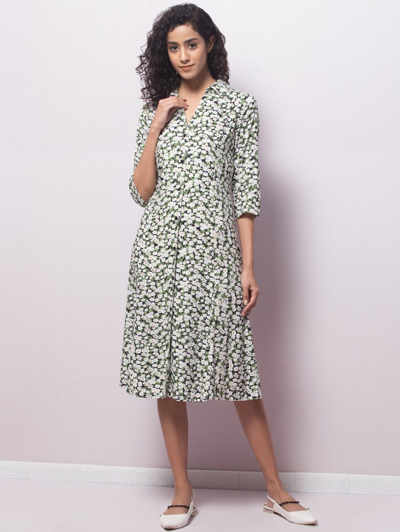women floral print collared shirt dress
