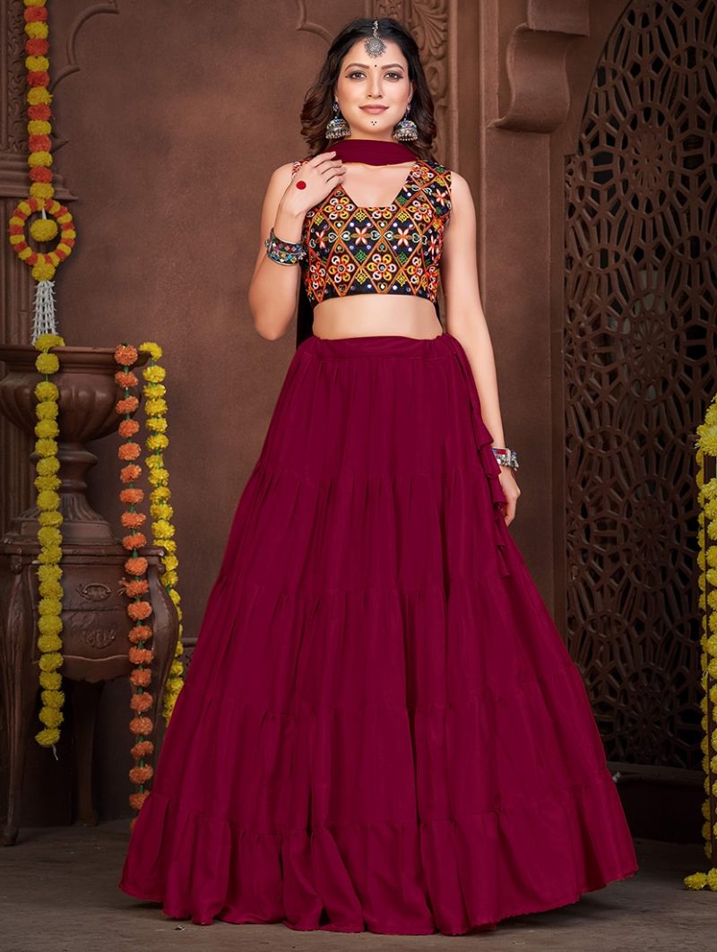 women maroon flared lehenga