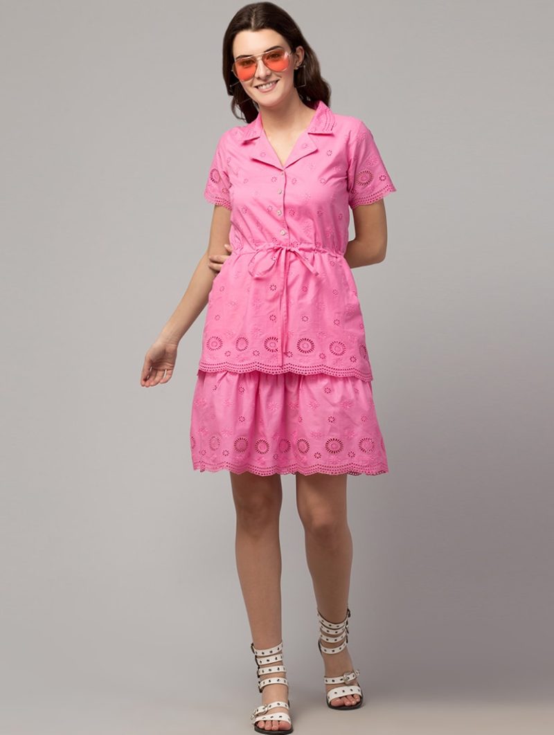 women pink self design fit & flare dress