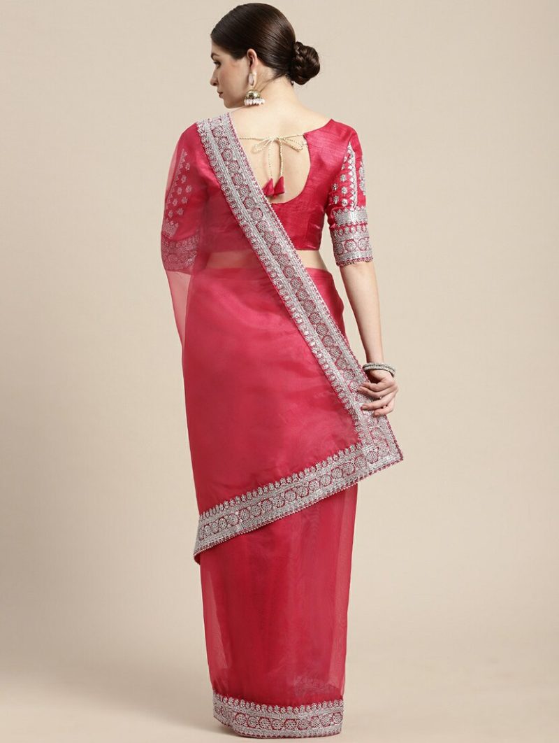 women's bordered pink colored saree - Image 2