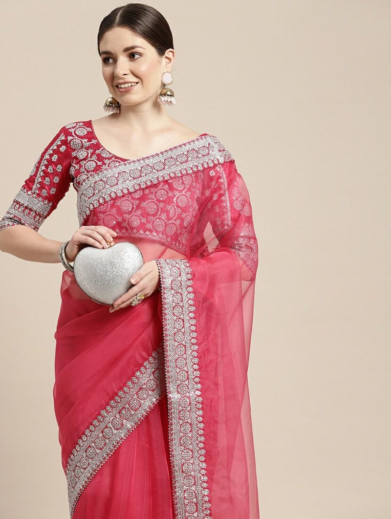 women's bordered pink colored saree - Image 3