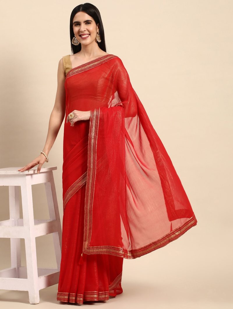 women's bordered red colored saree