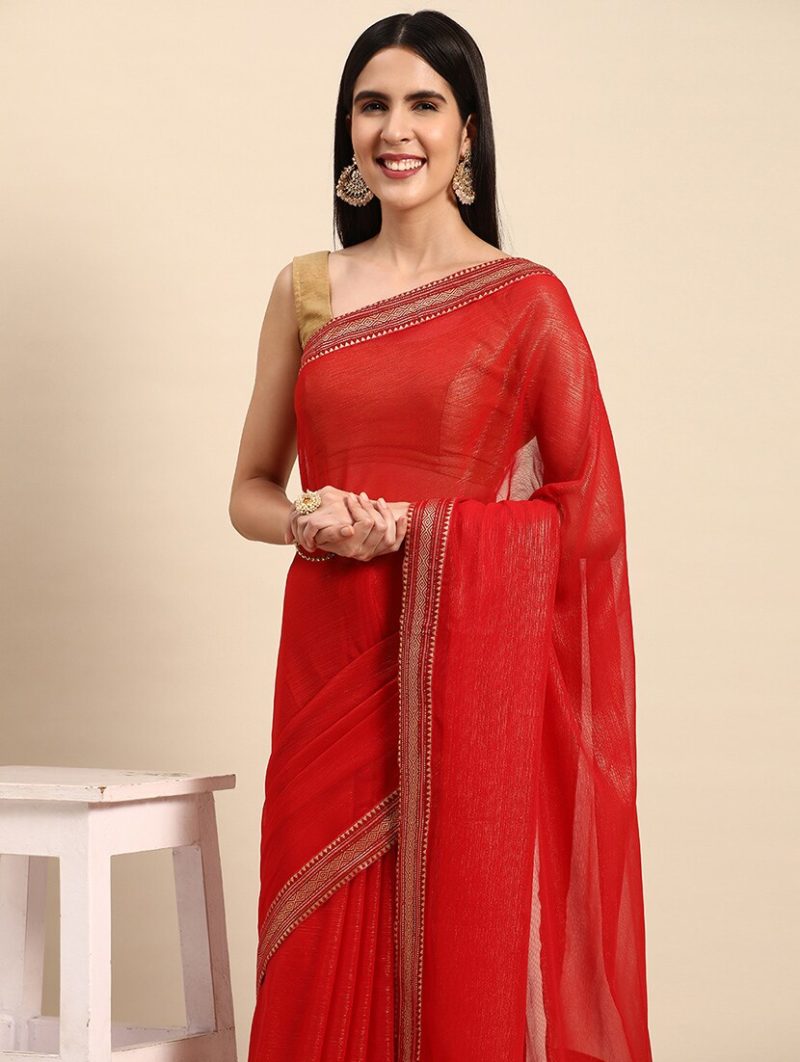 women's bordered red colored saree - Image 3